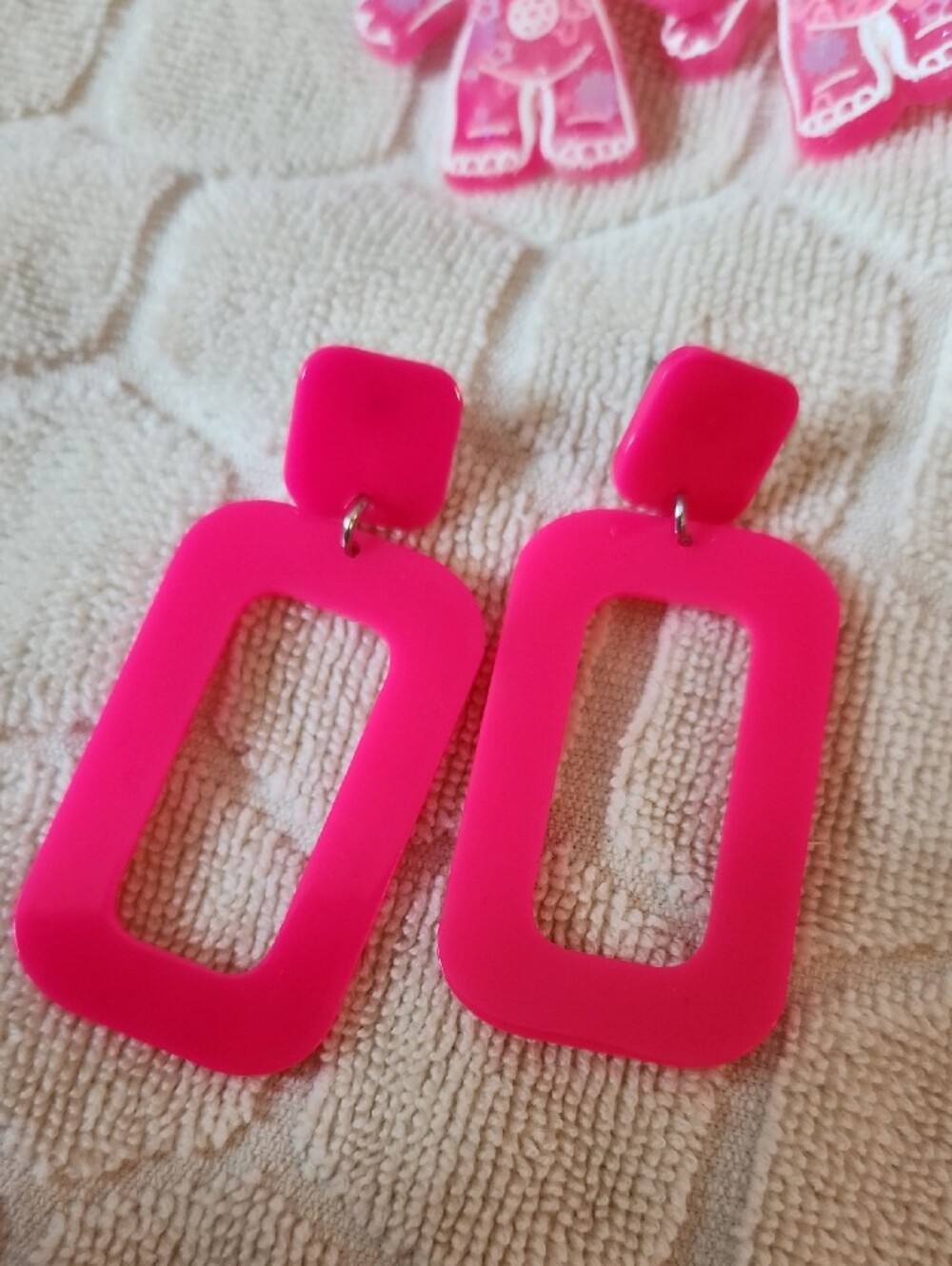 Pink Acrylic Novelty Earrings Set - Trolls, Hoops, Rectangles, Tooth Charms - Picture 4 of 5